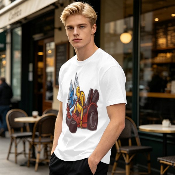 Olive T-Shirt With Cartoon Robot And Winged Vehicle Graphic