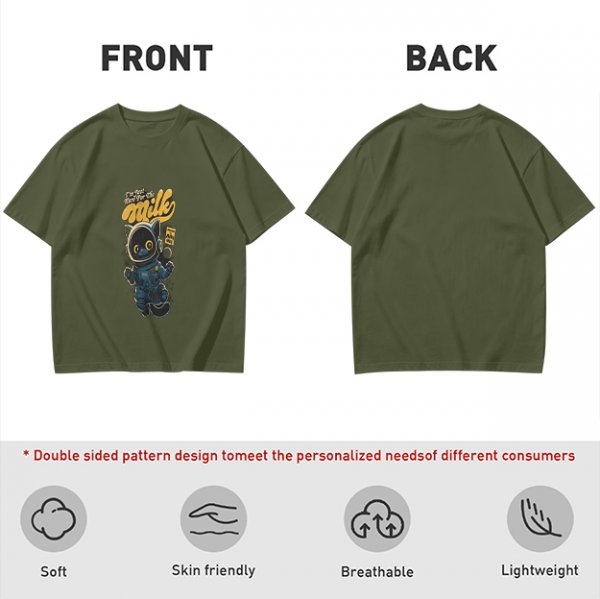 Olive T-shirt with Astronaut Cat 'I'm Just Here For The Milk' Print