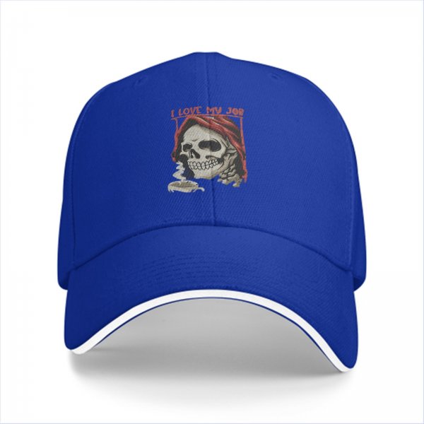 Black baseball cap with 'I Love My Job' grim reaper skull graphic