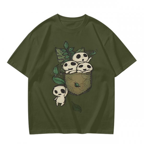 Olive T-shirt with Kodama Tree Spirits in Pocket and Leaves Print