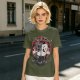Olive t-shirt with retro cartoon raccoon and dog trash can print