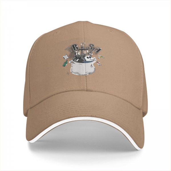 Black baseball cap with Trash Club graphic featuring cartoon mouse in trash can
