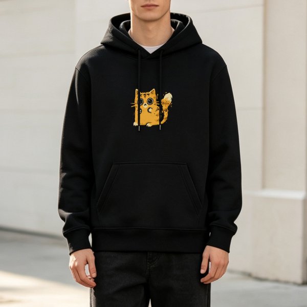 Black Hoodie With Cute Orange Cat Graphic Print