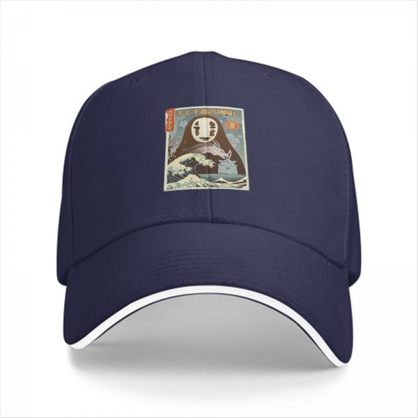 Black baseball cap with Spirited Away No-Face and Great Wave print