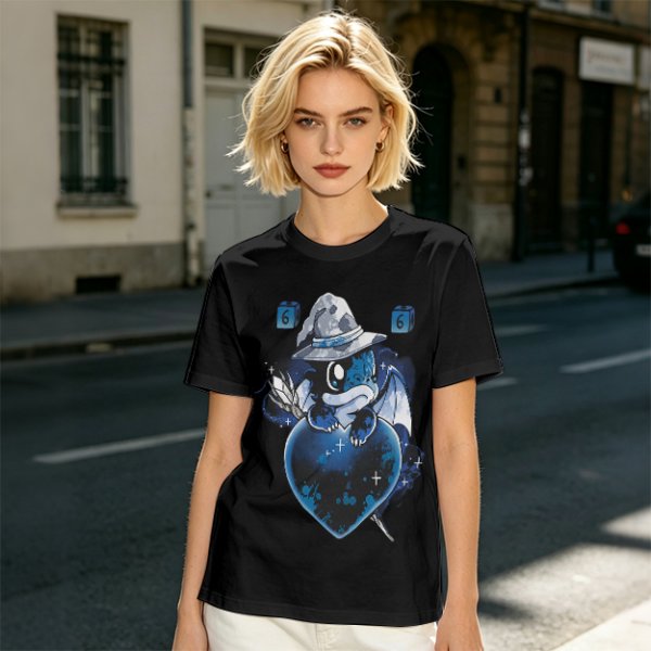 Olive T-Shirt With Cute Wizard Dragon On Starry Heart Print