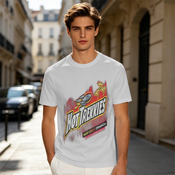 Olive green graphic t-shirt with Hot Trekkies Star Trek themed print