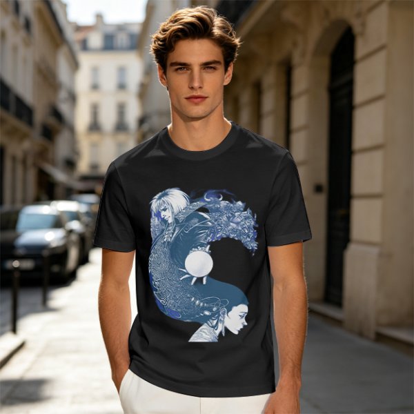 Olive T-Shirt With Two Facing Fantasy Figures And Orb Art Print