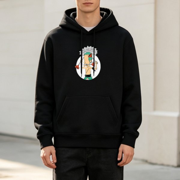 Black hoodie with cartoon pirate swordsman graphic print