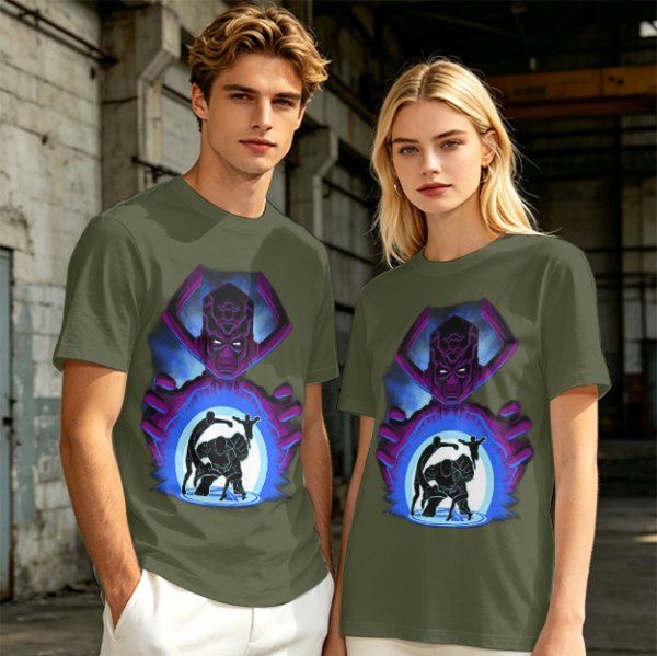 Olive T-Shirt Featuring Galactus Holding Silhouetted Superheroes