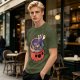 Halloween pumpkin ramen bowl with cute monster graphic t-shirt