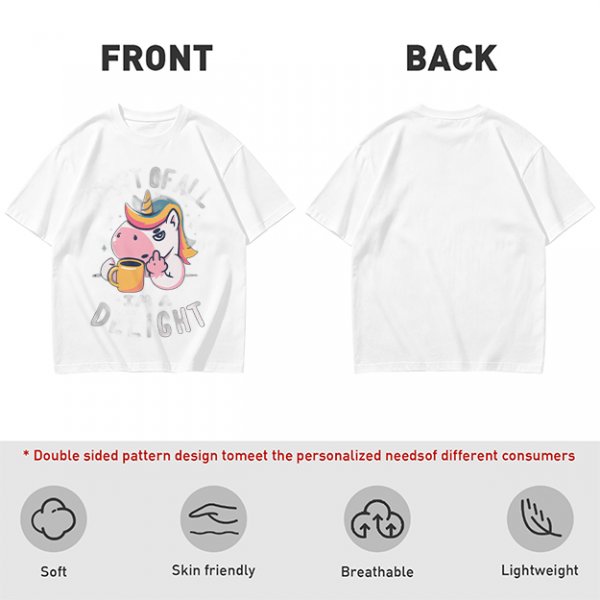 Oversized Olive T-Shirt With Sassy Unicorn Holding Coffee Print