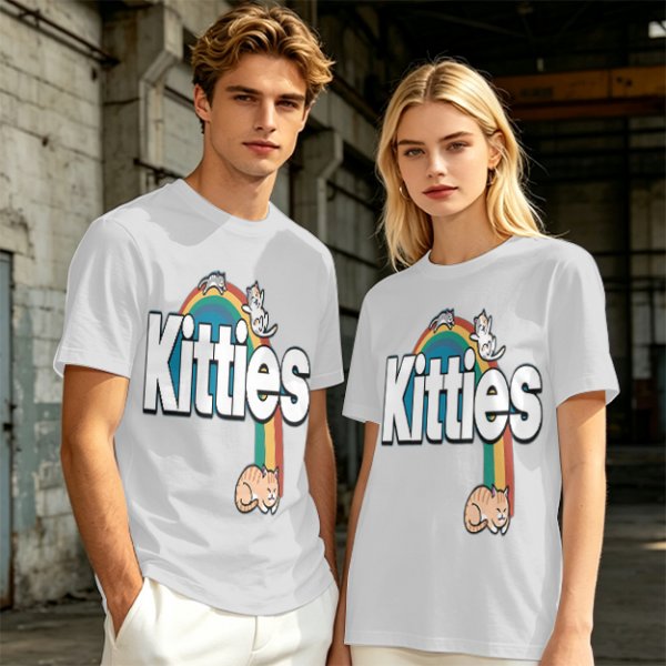 Olive Green T-Shirt With Kitties Rainbow Graphic Design