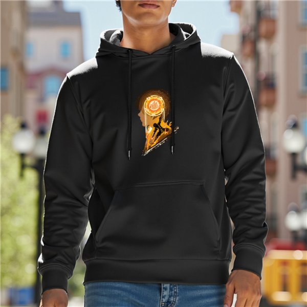 Black hoodie with glowing orange anime-style graphic print
