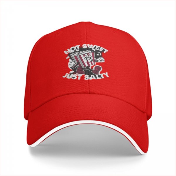 Black baseball cap with 'Not Sweet Just Salty' dancing popcorn graphic