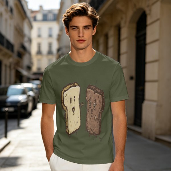 Olive T-Shirt With Surprised Light And Sad Burnt Bread Slices Graphic