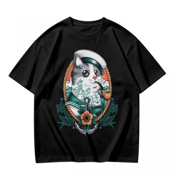 Olive T-Shirt With Sailor Cat Tattooed Pipe Design