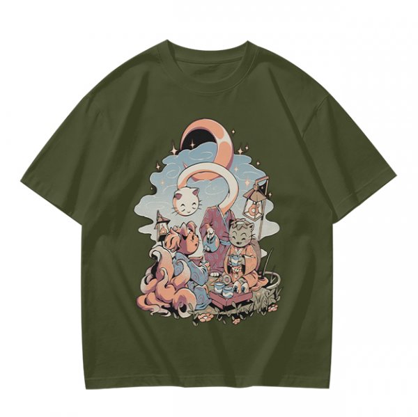 Olive T-Shirt With Whimsical Cat Crescent Moon Artwork