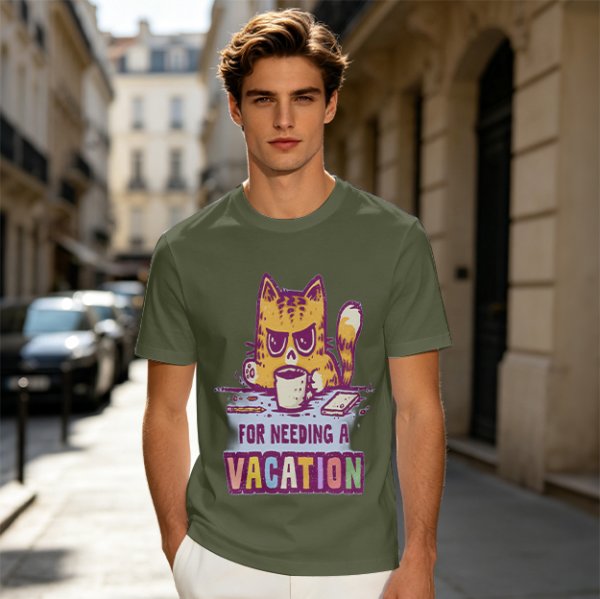 Olive t-shirt with a grumpy cat needing a vacation print