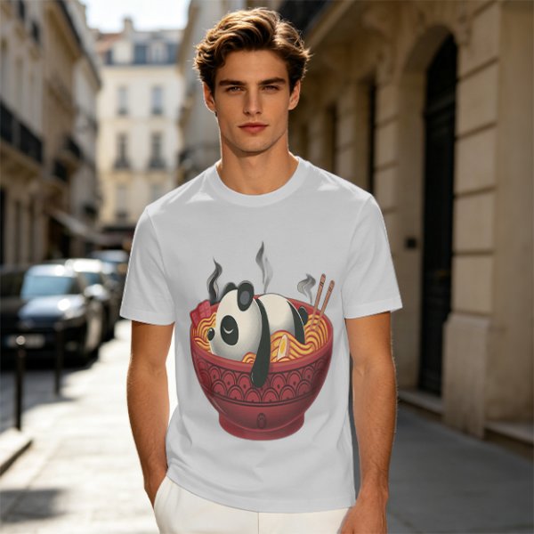 Olive green t-shirt with a panda relaxing in a steaming ramen bowl print