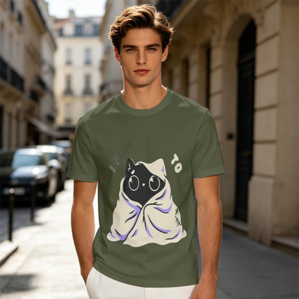 Olive T-shirt with Cute Black Cat Wrapped in Blanket Graphic