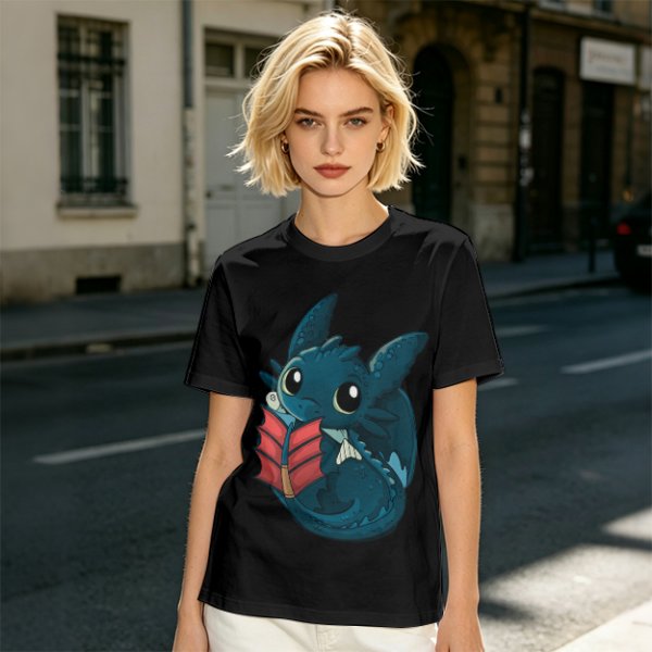 Olive T-Shirt With Cute Baby Dragon Reading Book Print