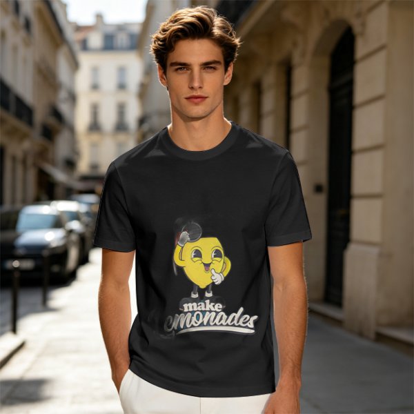 Olive green t-shirt with cheerful lemon mascot graphic and make lemonades text
