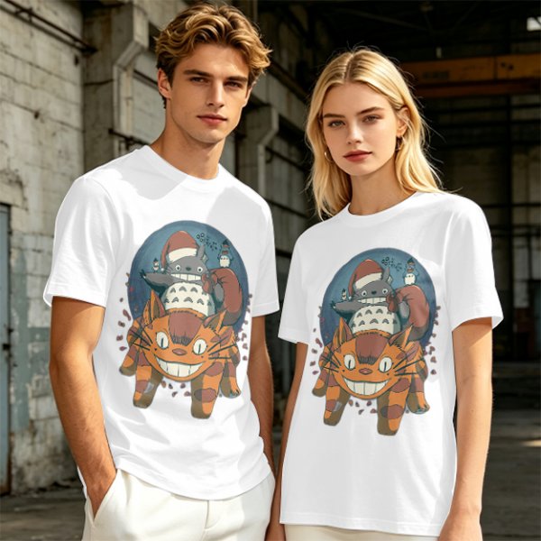 Olive T-shirt with Christmas Totoro Riding Catbus Graphic
