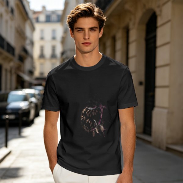 Olive green graphic t-shirt with dark fantasy creature print
