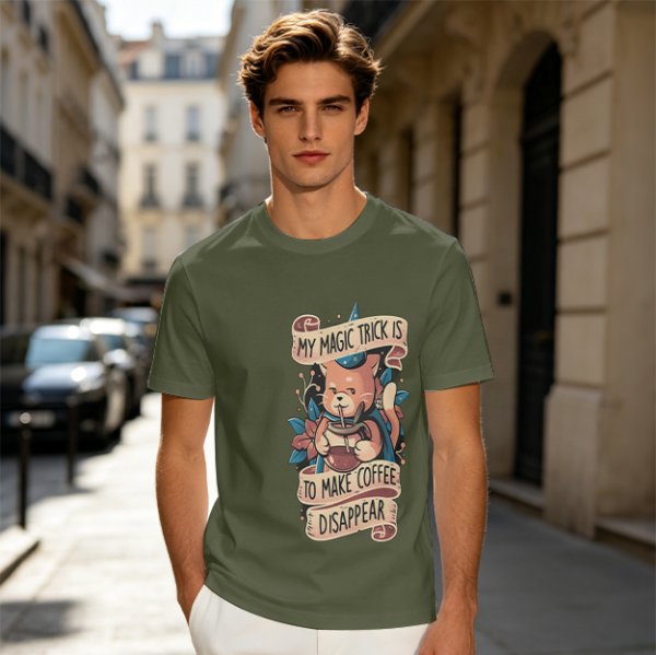 Olive t-shirt with a cat wizard making coffee disappear magic trick print