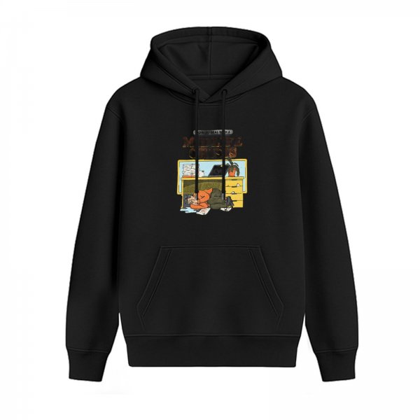 Black hoodie with office worker sleeping under desk graphic