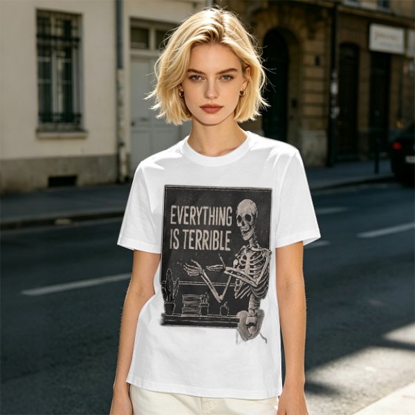 Olive t-shirt with skeleton teacher and 'Everything Is Terrible' print