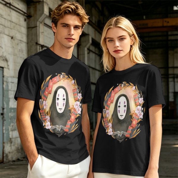 Spirited Away No-Face Graphic Tee with Cherry Blossoms and Lanterns
