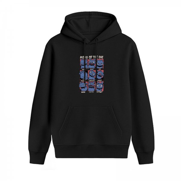Black hoodie with mood grid of blue dragon character illustrations