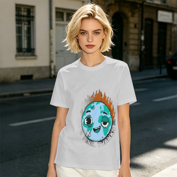 Olive T-shirt with Worn Burning Earth Graphic and 'Fine Thanks' Text