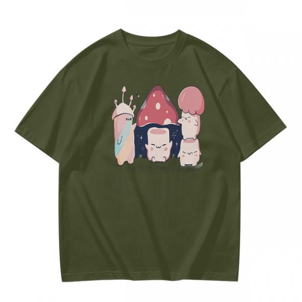 Olive Green T-Shirt With Cute Mushroom Creature Graphic
