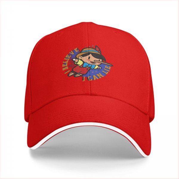 Black baseball cap with Pinocchio 'I Believe I Can Lie' graphic print