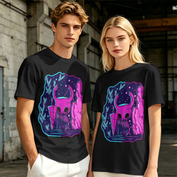 Olive Green T-Shirt With Neon Hollow Knight Character Art