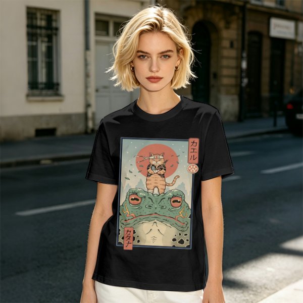Olive T-shirt with Samurai Cat Riding Giant Frog Japanese Art Print