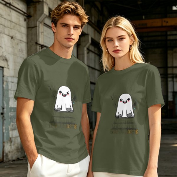 Olive T-shirt with Cute Smiling Ghost Graphic Print