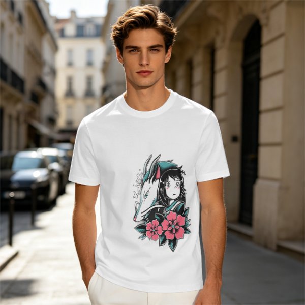 Olive T-shirt with Spirited Away Haku and Chihiro Anime Art Print