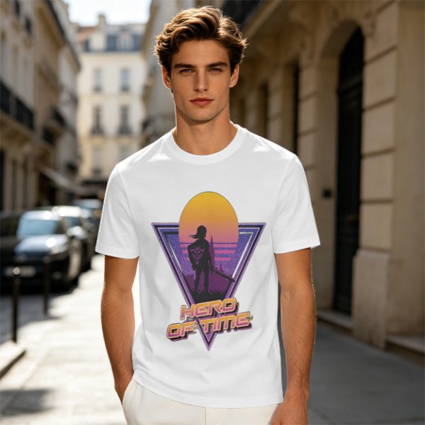 Olive green retro sunset graphic t-shirt with Hero of Time print
