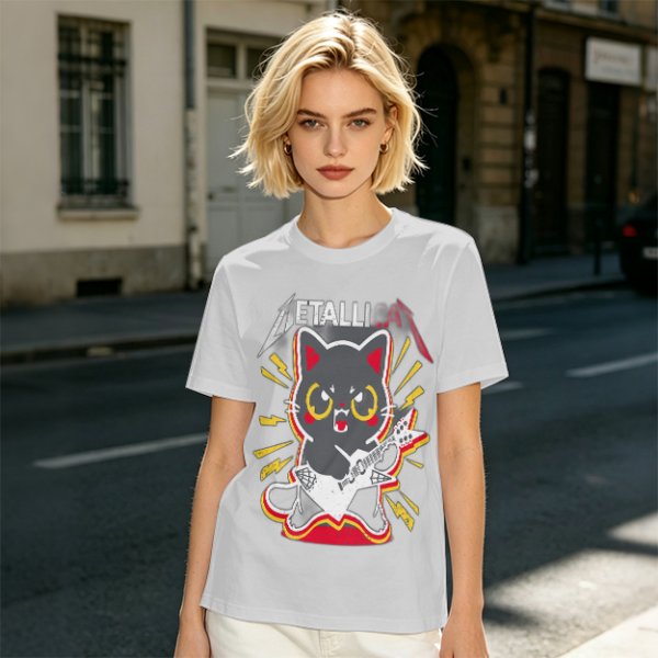 Olive green graphic t-shirt with a cartoon metal cat playing guitar