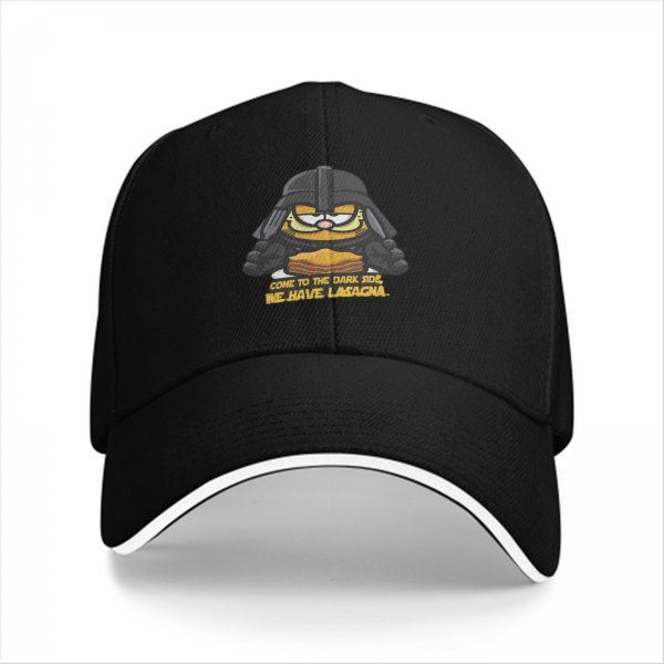Black baseball cap with Darth Vader Garfield 'Come to the Dark Side We Have Lasagna' print
