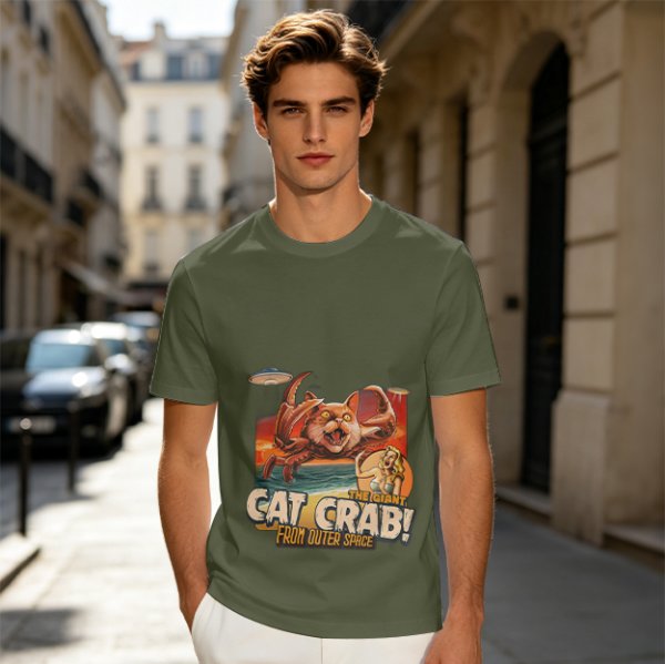 Olive T-Shirt Featuring The Giant Cat Crab From Outer Space Graphic
