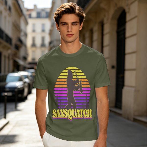 Saxsquatch Bigfoot Playing Saxophone Retro Sunset T-Shirt