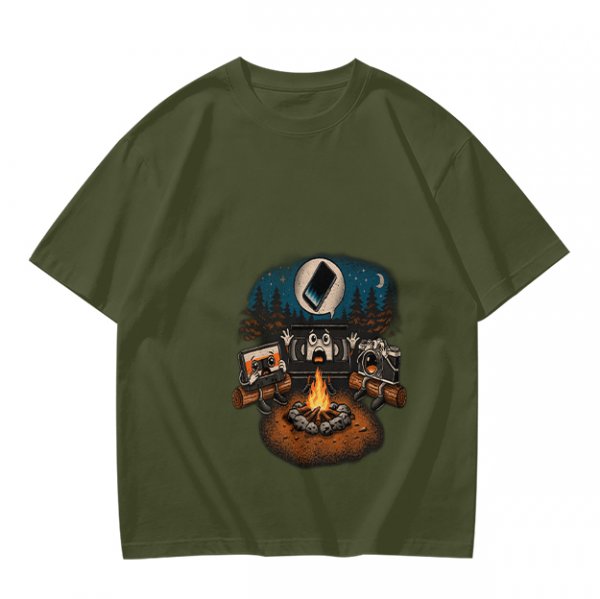 Oversized Army Green T-Shirt With Funny Tech Campfire Graphic