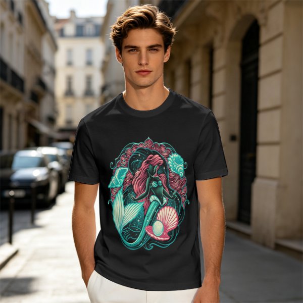 Olive T-Shirt With Mermaid And Seashell Graphic Print