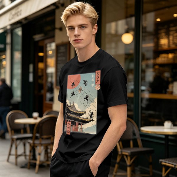 Olive T-Shirt with Ukiyo-e Style Ninja Temple Print