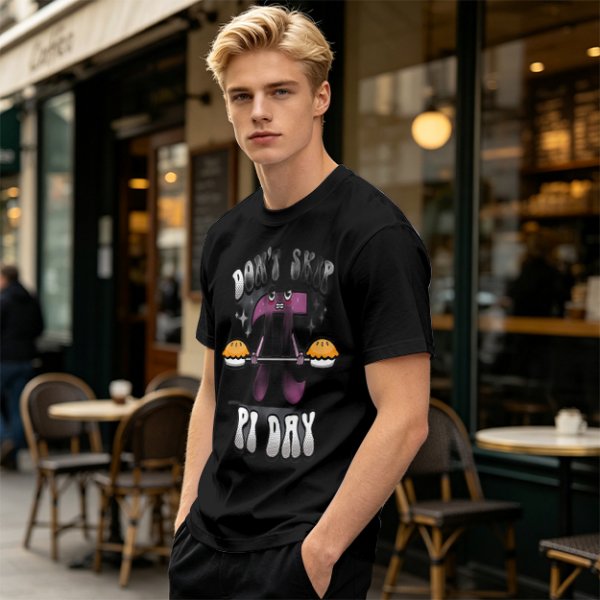 Don't Skip Pi Day T-Shirt with Lifting Pi Character Holding Pies