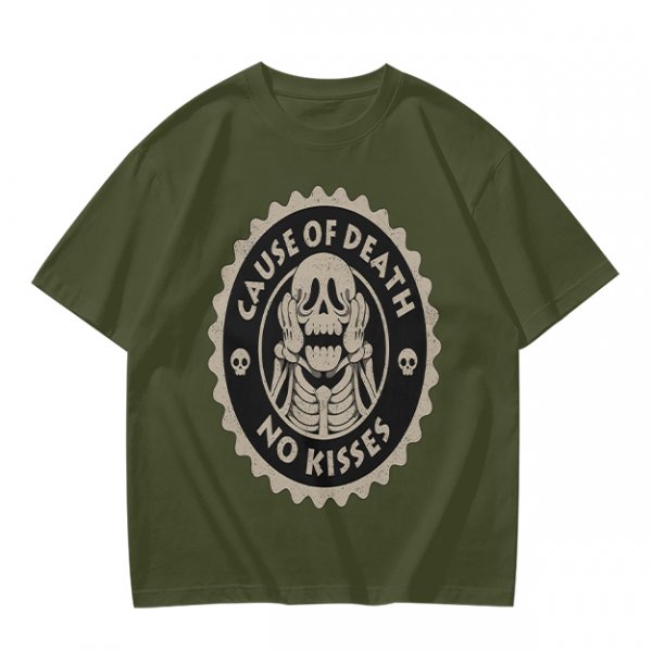 Olive T-shirt with 'Cause of Death No Kisses' Skeleton Graphic